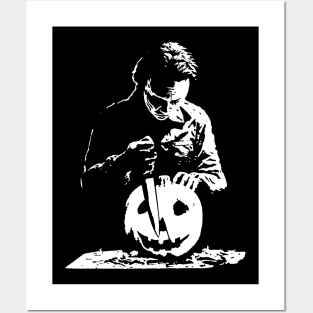 Michael carving a halloween pumpkin Posters and Art